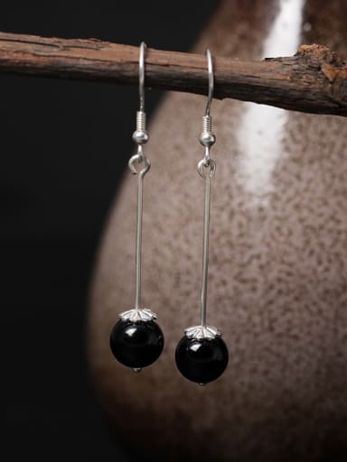Retro Obsidian Silver Hook Earrings