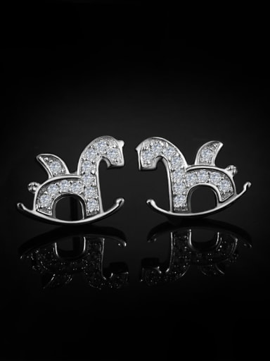 Tiny Shiny Zirconias-covered Little Rocking Horse 925 Silver Stud Earrings