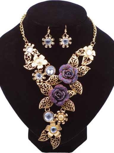 Retro Exaggerated Rhinestones Flowers Hollow Leaves Alloy Two Pieces Jewelry Set