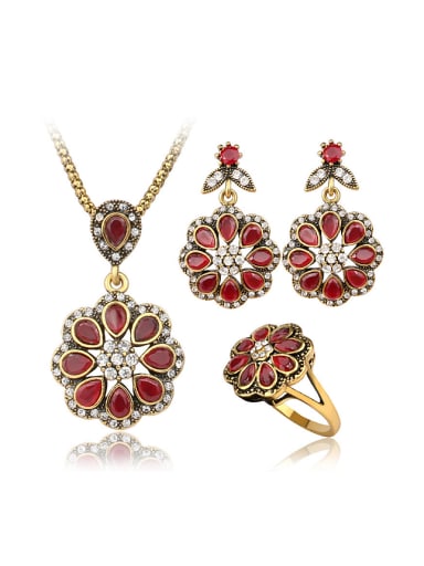 custom Ethnic style Red Resin stones Flowery Three Pieces Jewelry Set
