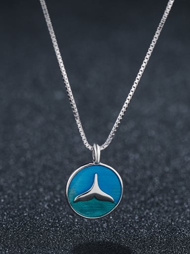 925 Sterling Silver With Platinum Plated Cute Round Blue Fishtail Pendant Necklaces