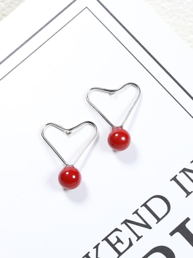 Fashion Hollow Heart Red Bead 925 Silver Stud Earrings