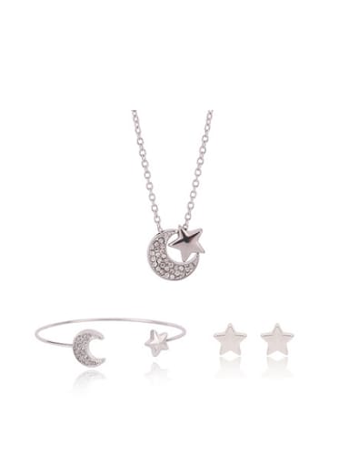 custom Alloy White Gold Plated Simple style Star and Moon Rhinestone Three Pieces Jewelry Set