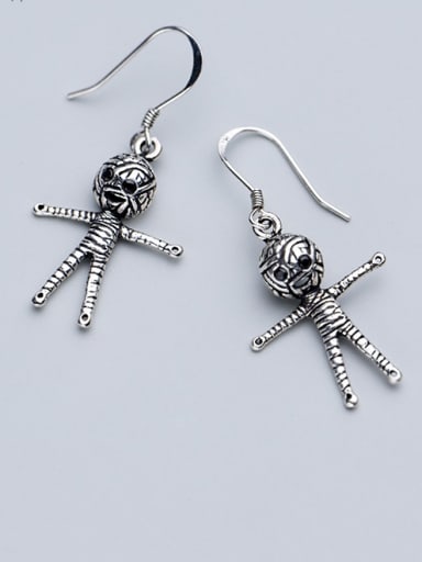 925 Sterling Silver With Antique Silver Plated Skull Doll Hook Earrings
