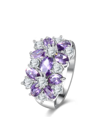 Purple Platinum Plated Flower Shaped Zircon Ring