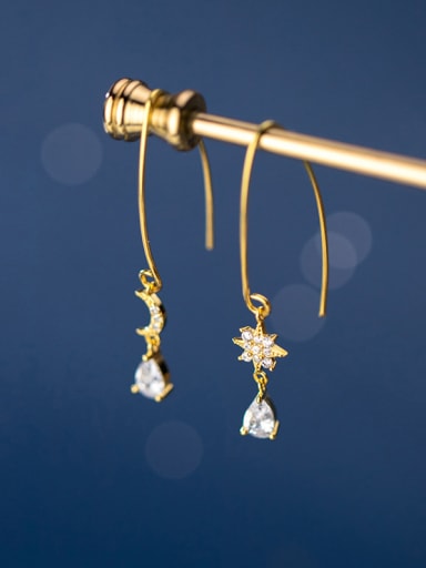925 Sterling Silver With  Cubic Zirconia  Simplistic Star Moon Hook Earrings