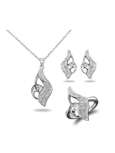 custom High Quality Platinum Plated Zircon Leaf Shaped Three Pieces Jewelry Set