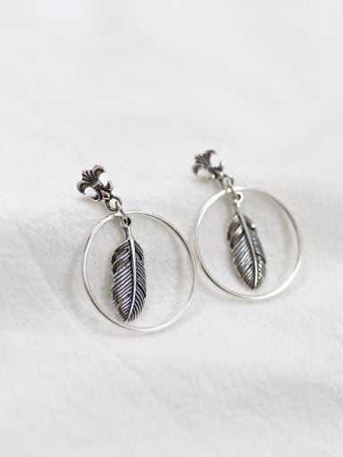 Retro style Little Feather Hollow Round Silver Stud Earrings