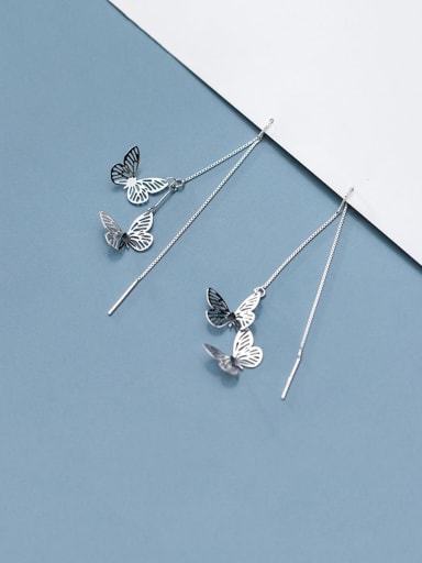 925 Sterling Silver With Platinum Plated Simplistic Hollow Butterfly Threader Earrings