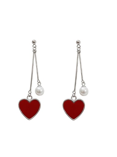 Fashion Artificial Pearl Red Heart Silver Drop Earrings