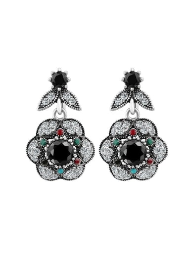 Antique Silver Plated Black Resin stones Crystals Alloy Flowery Earrings