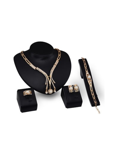 Alloy Imitation-gold Plated Fashion Artificial Pearl and CZ Four Pieces Jewelry Set