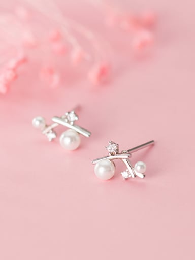 925 Sterling Silver With  Artificial Pearl  Personality Irregular Stud Earrings