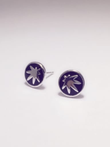 Purple Round Shaped Leaf Pattern S925 Silver Enamel Stud Earrings