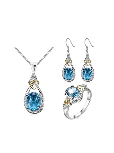 Blue Glass Stone Water Drop Shaped Three Pieces Jewelry Set