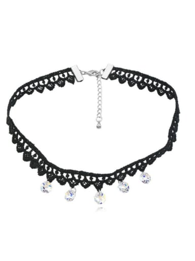 Fashion White Cubic austrian Crystals Black Lace Band Alloy Necklace