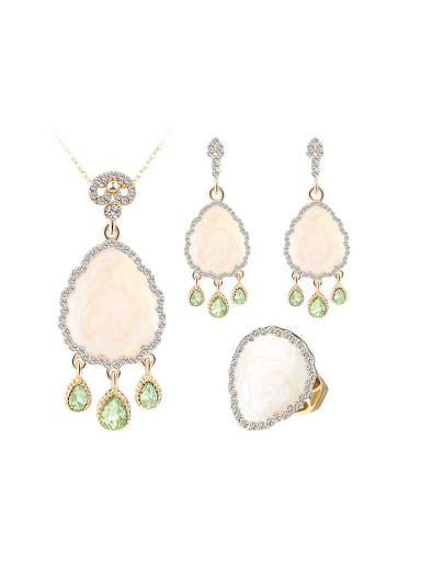 Retro style Green Crystals White Rhinestones Shell Three Pieces Jewelry Set