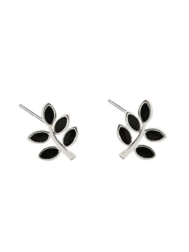 Tiny Black Leaves Silver Stud Earrings