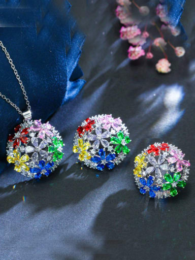 custom New Copper Micro Inlay AAA Zircon Flower Necklace Earring 2 Pieces jewelry Set