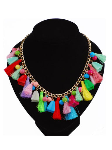 Ethnic Exaggerated Colorful Chinlon Tassels Resin Beads Alloy Necklace