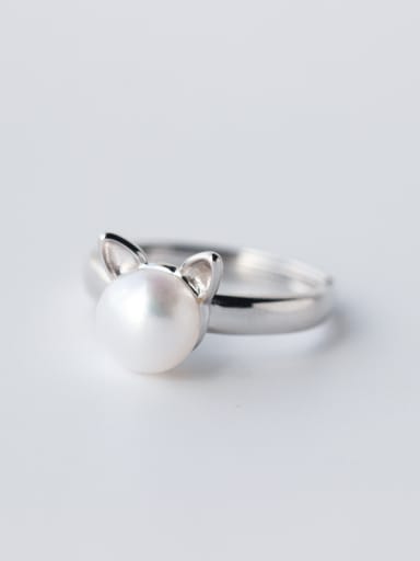 Cute Cat Shaped Artificial Pearl S925 Silver Ring