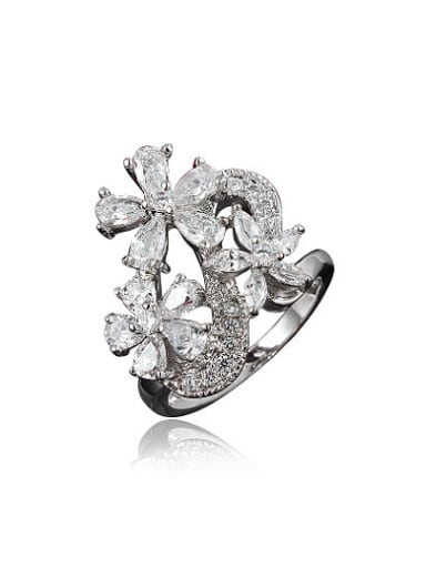 Elegant Platinum Plated Flower Shaped Zircon Ring