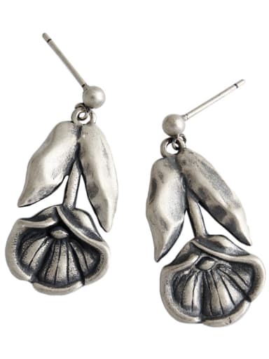 925 Sterling Silver With Antique Silver Plated Vintage  Vintage Lotus Flower Drop Earrings
