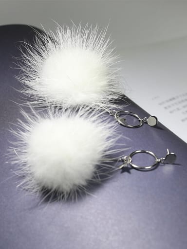 Exaggerated White Fluffy Ball Tiny Star Hollow Round 925 Silver Drop Earrings