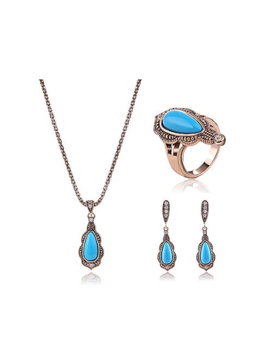 Alloy Antique Gold Plated Fashion Water Drop shaped Artificial Stones Three Pieces Jewelry Set