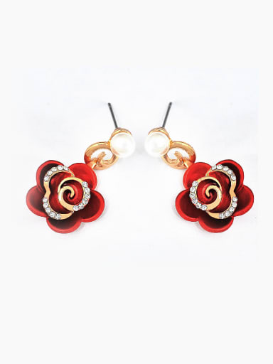 Fashion Red Flower Cubic Rhinestones Imitation Pearl Copper Stud Earrings