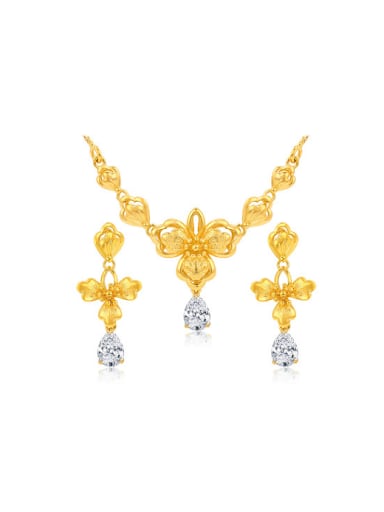 Copper Alloy 24K Gold Plated Retro style Flower Zircon Two Pieces Jewelry Set