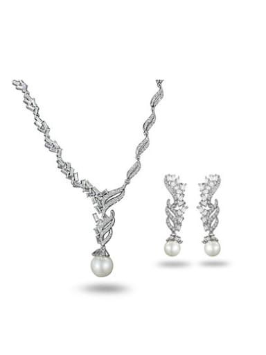 Women Platinum Plated Artificial Pearl Geometric Two Pieces Jewelry Set