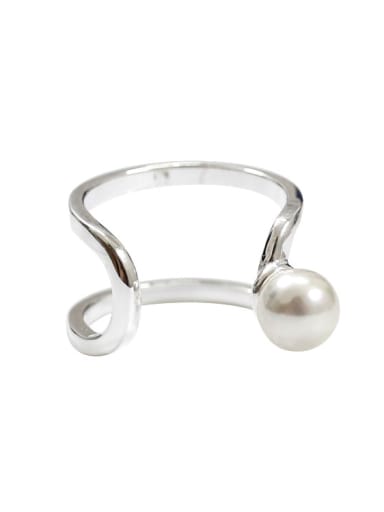 Simple Two-band Artificial Pearl Silver Smooth Opening Ring