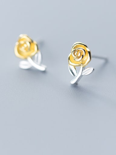 925 Sterling Silver With Platinum Plated Cute Two-tone Flower Stud Earrings
