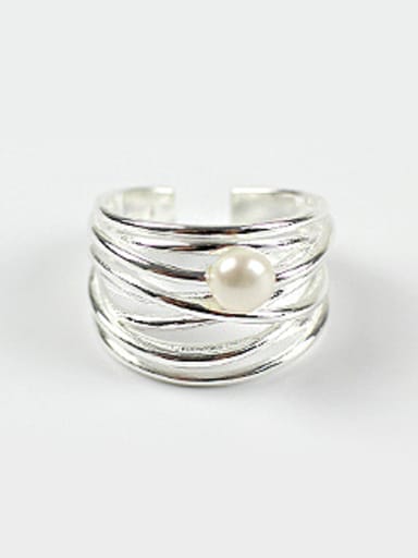 Fashion Multi-band White Freshwater Pearl Silver Opening Ring