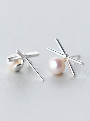Exquisite Cross Shaped Artificial Pearl Silver Stud Earrings
