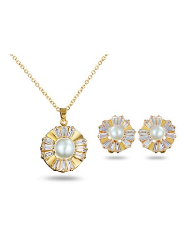Glittering 18K Gold Flower Artificial Pearl Two Pieces Jewelry Set