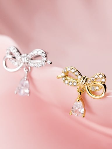 925 Sterling Silver With Cubic Zirconia Fashion Bowknot Stud Earrings