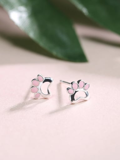 Tiny Pink Dog Footprint Enamel 925 Silver Stud Earrings