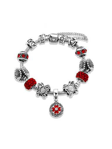 Women Red Flower Shaped Rhinestones Bracelet
