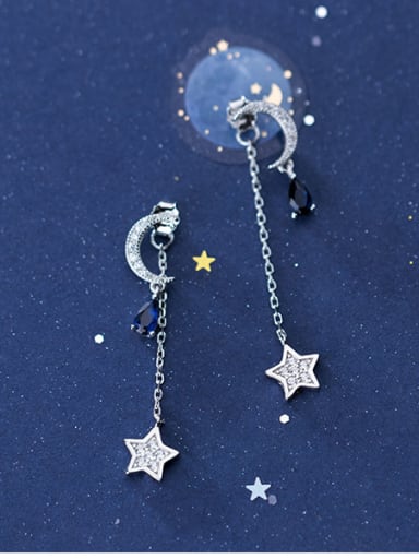 925 Sterling Silver With Cubic Zirconia Personality Star Moon Drop Earrings
