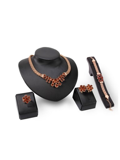 Alloy Imitation-gold Plated Fashion Artificial Red Stones Flower-shaped Four Pieces Jewelry Set
