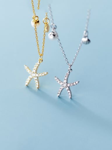 925 Sterling Silver With  Rhinestone Simplistic Starfish Pendant  Necklaces