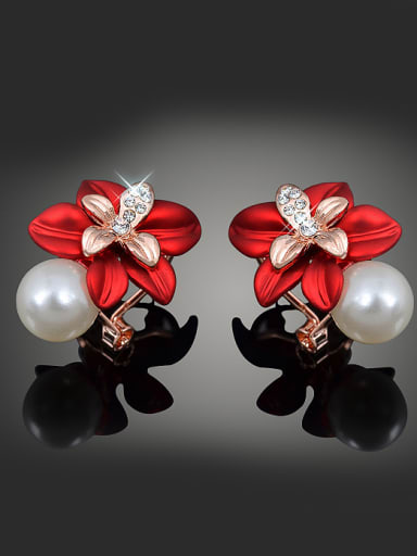 Fashion Red Flower Artificial Pearl Alloy Stud Earrings