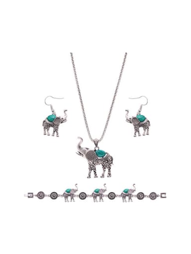 Alloy Antique Silver Plated Vintage style Artificial Stones Elephant Three Pieces Jewelry Set