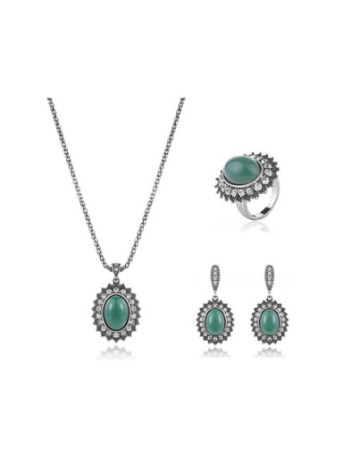 Alloy Antique Silver Plated Vintage style Artificial Stones Oval Three Pieces Jewelry Set