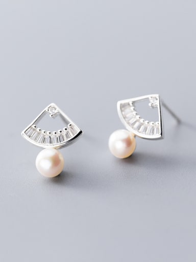 925 Sterling Silver With Artificial Pearl Simplistic Irregular Stud Earrings