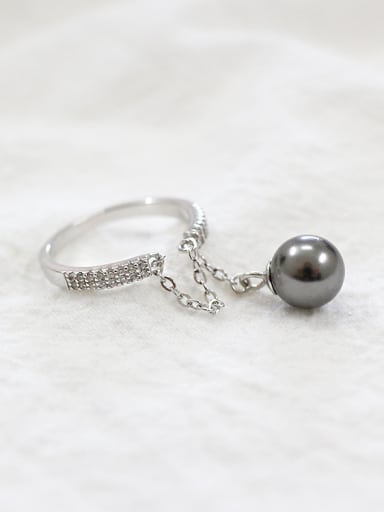 Personalized Black Artificial Pearl Tiny Zirconias Silver Opening Ring