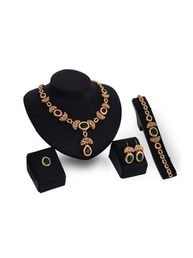 Alloy Imitation-gold Plated Vintage style Artificial Crystal Leaves-shaped Four Pieces Jewelry Set