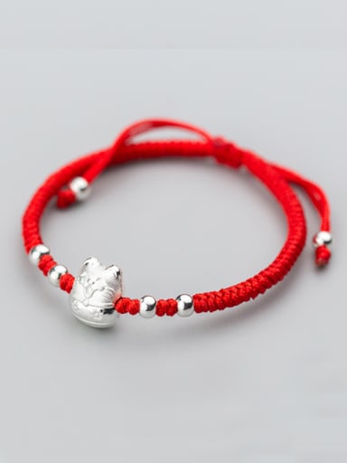 Sterling silver Lucky Cat hand-woven red thread bracelet